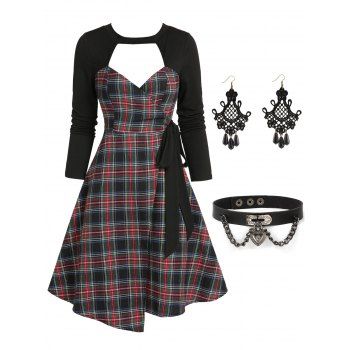 

Cut Out Plaid Wrap Mini Dress And Chain Heart Faux Leather Choker Hollow Out Lace Beads Earrings Casual Outfit, Black
