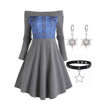 

3D Print A Line Midi Dress And Rhinestone Sun Faux Pearl Earrings Rivet PU Choker Necklace Casual Outfit, Gray