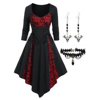 

Colorblock Skull Lace Godet Lace Up Pointed Hem Midi Dress And Heart Lace Choker Earrings Gothic Outfit, Black