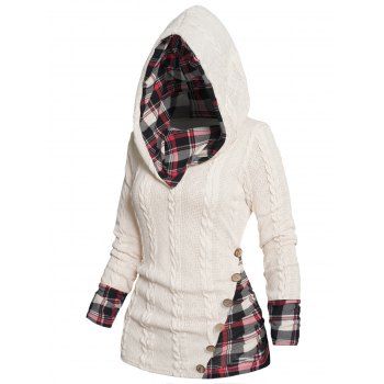 

Plus Size Hooded Sweater Plaid Print Panel Twisted Knit Mock Button Sweater With Hood, White