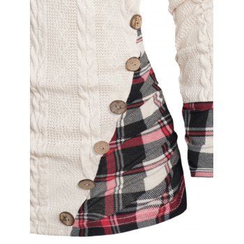 Plus Size Hooded Sweater Plaid Print Panel Twisted Knit Mock Button Sweater With Hood