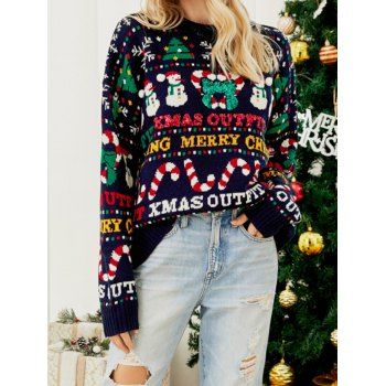 

Cute Snowman Candy Letter Snowflake Graphic Ugly Christmas Sweater Drop Shoulder Mock Neck Sparkly Sequins Sweater, Multicolor a