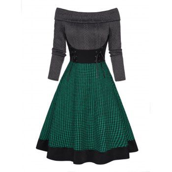 [29% OFF] 2024 Cable Knit Plaid Print Panel Dress Lace Up Foldover Off ...