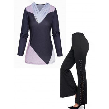 

Contrast Colorblock Mock Button Ruched Crossover Top And Eyelet Lace Up Lace Panel Flare Pants Casual Outfit, Multicolor