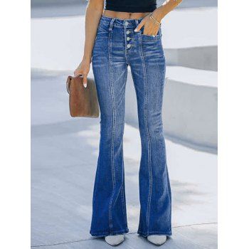 

Stitching Button Fly Flare Jeans Multi Pocket Casual Flare Denim Pants, Blue