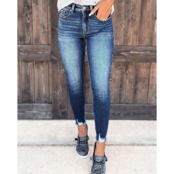 

Frayed Hem Pencil Jeans Zip Fly Long Scratch Denim Pencil Pants, Deep blue