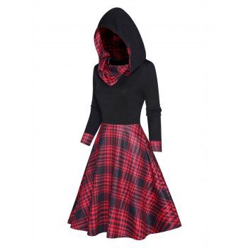 

Plaid Print Panel Hoodie Dress High Waisted Long Sleeve A Line Mini Hooded Dress, Black