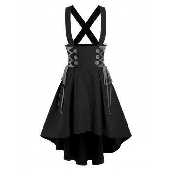 

Mock Button Lace-up Suspender High Low Skirt, Black