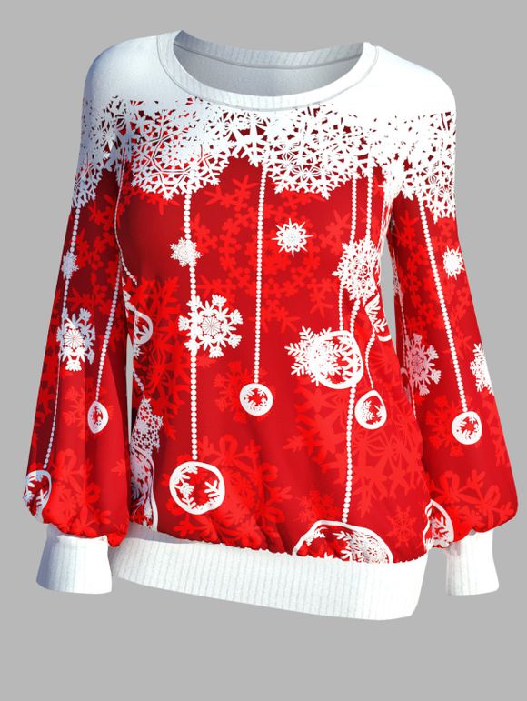 Sweat-shirt à Imprimé Flocon de Neige de Noël à Manches Longues à Col Rond - Rouge 3XL
