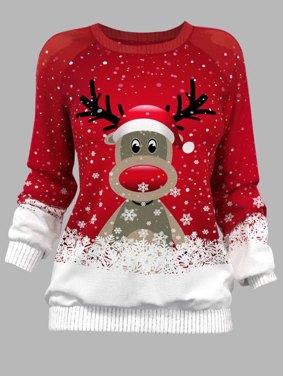 Sweat-shirt de Noël à Imprimé Flocon de Neige et Cerf à Manches Longues à Col Rond - Rouge 2XL