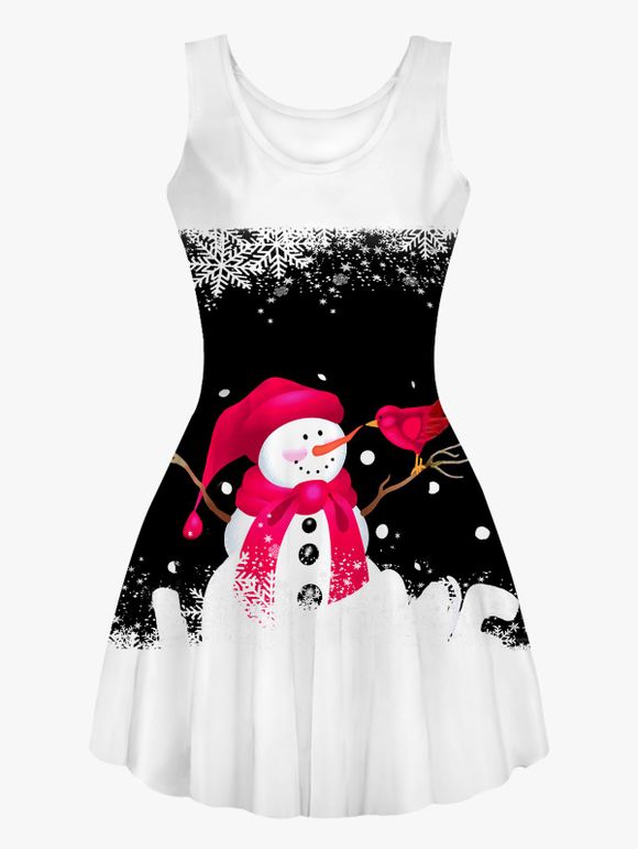 Mini Robe de Noël à Imprimé Bonhomme de Neige Oiseaux et Flocon de Neige à Taille Haute sans Manches - multicolor XL