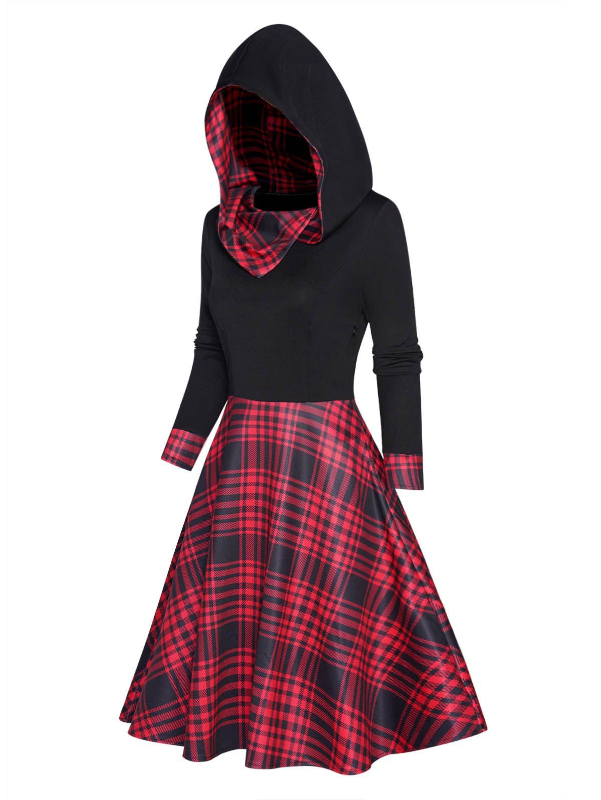 Plaid Print Panel Hoodie Dress High Waisted Long Sleeve A Line Mini Hooded Dress - BLACK 2XL