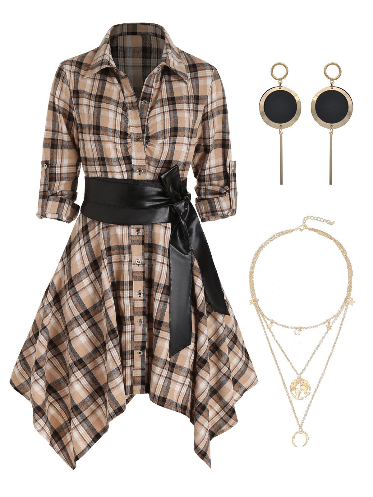 Plaid Belted Roll Tab Sleeve Handkerchief Dress And Layered Chain Necklace Drop Earrings Outfit - COFFEE S