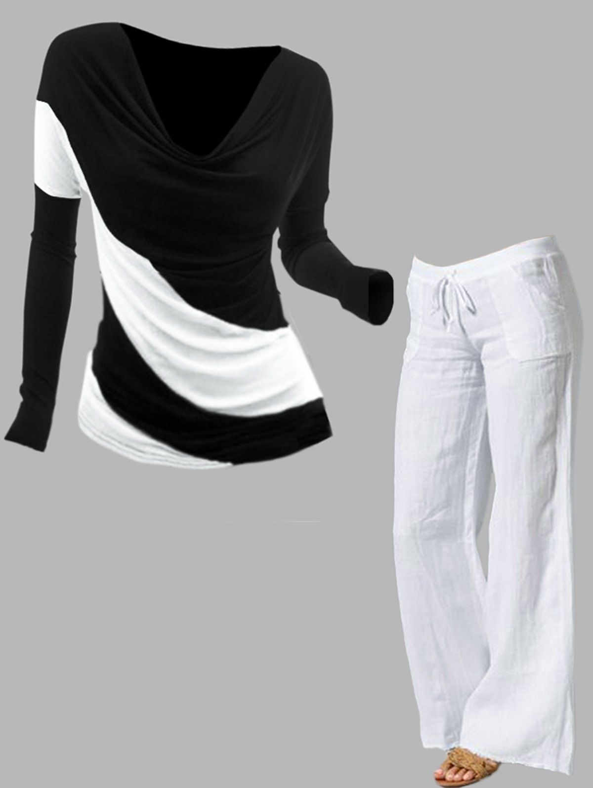 Ensemble de T-shirt Décontracté Long Noir et Blanc à Col Bénitier et Pantalon Poche à Jambe Large - multicolor S