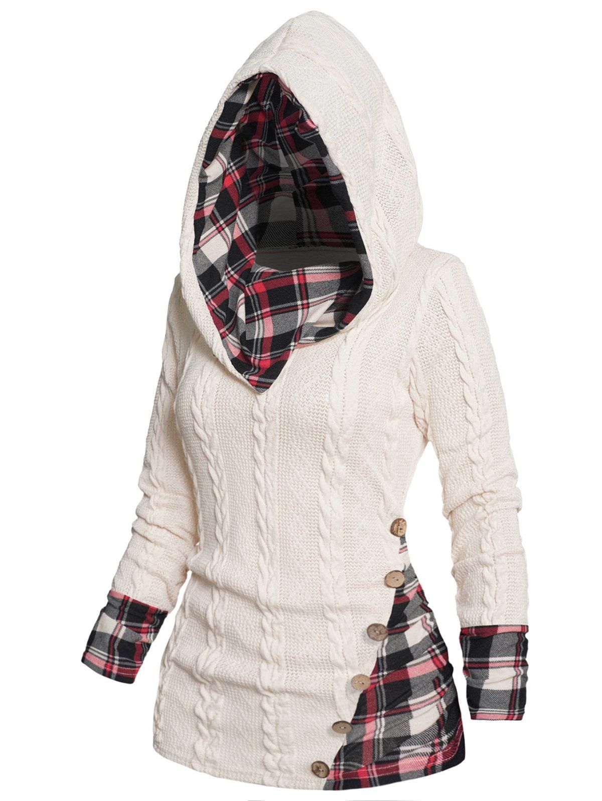Plus Size Hooded Sweater Plaid Print Panel Twisted Knit Mock Button Sweater With Hood - LIGHT COFFEE 3X