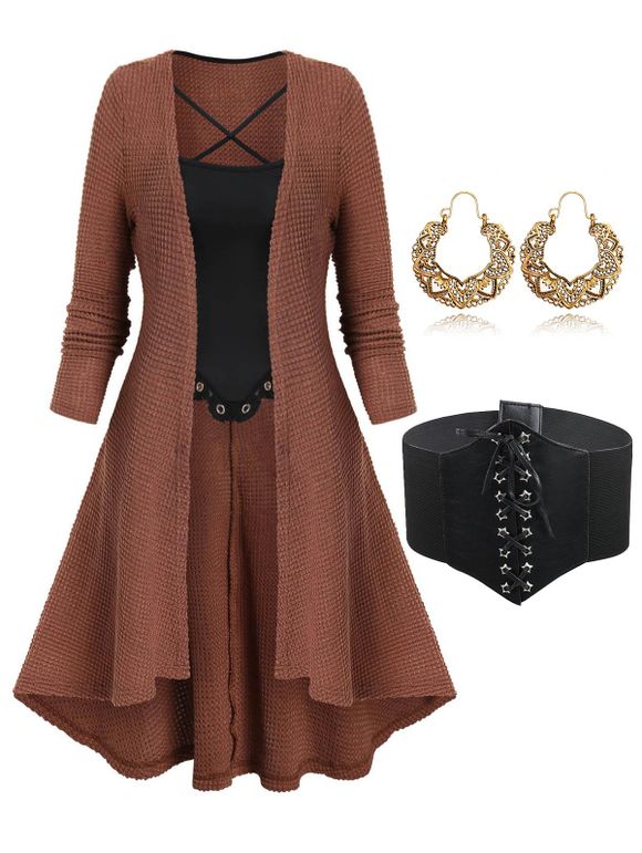 Ensemble de Pull Longues Asymétrique Tricoté Elastique Croisé avec Ceinture Boucles d'Oreilles Pendantes Large - café S