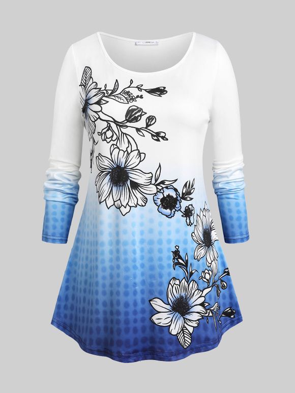 T-shirt Incurvé à Imprimé Fleuri en Couleur Ombrée de Grande Taille - Bleu 5X