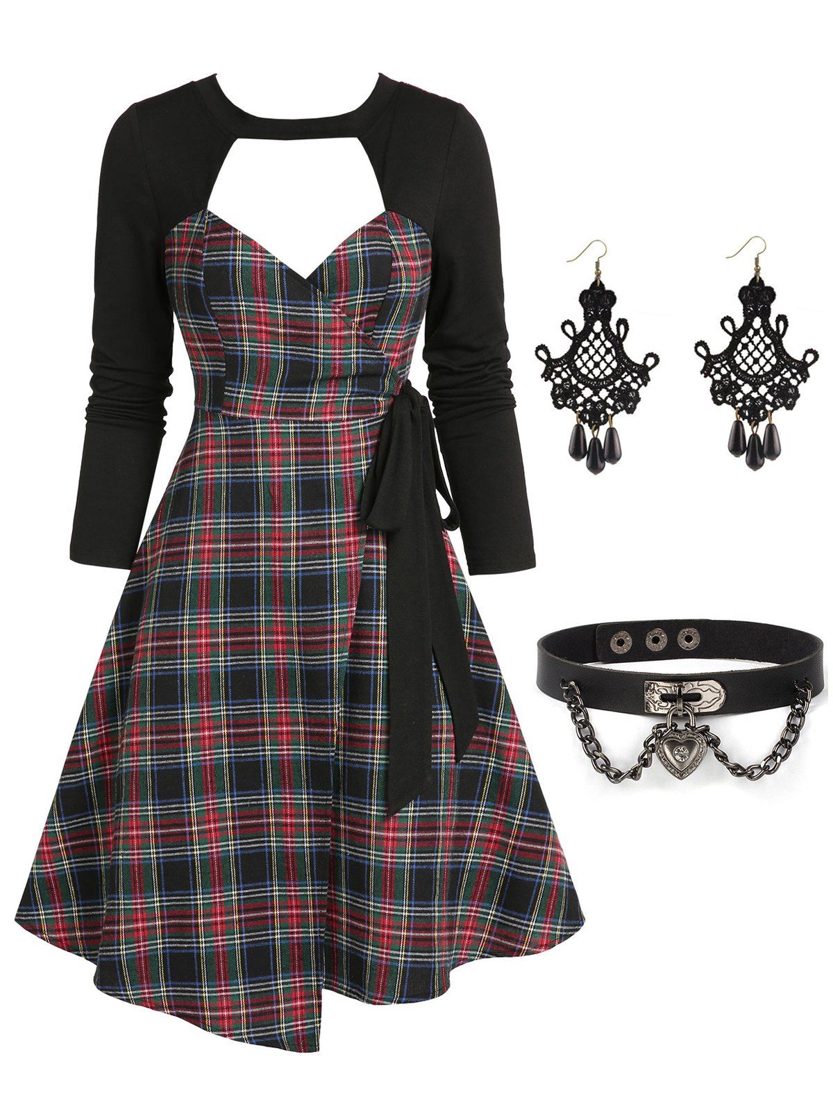 Cut Out Plaid Wrap Mini Dress And Chain Heart Faux Leather Choker Hollow Out Lace Beads Earrings Casual Outfit - BLACK S