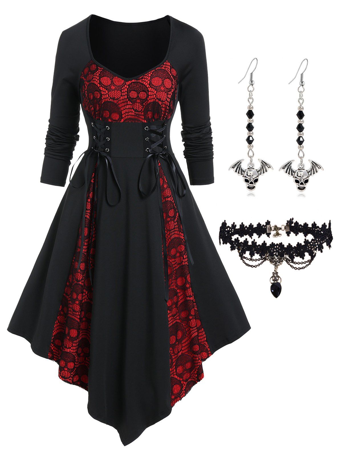 Colorblock Skull Lace Godet Lace Up Pointed Hem Midi Dress And Heart Lace Choker Earrings Gothic Outfit - BLACK S