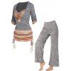 Striped Print Cinched Roll Up Sleeve Longline Twofer T Shirt And Space Dye Overlay Pants Casual Outfit - GRAY S