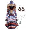 Allover Tribal Flower Geometric Pattern Elk Print Asymmetric Faux Fur Hood Longline Coat And Moon Chain Neck Drop Earrings Outfit - multicolor S