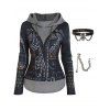 Rivet 3D Print Half Zipper Drawstring Long Sleeve Faux Twinset Hoodie And Choker Necklace Chain Ear Cuff Outfit - BLACK S