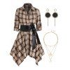 Plaid Belted Roll Tab Sleeve Handkerchief Dress And Layered Chain Necklace Drop Earrings Outfit - COFFEE S