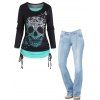 Skull Print Colorblock Cinched Long Sleeve Faux Twinset Top And Topstitching Pockets Zipper Fly Flare Jeans Gothic Outfit - multicolor S