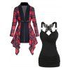 Plaid Print Asymmetric Coat Contrast Textured Knit Panel Top And Ruched Butterfly Lace Cross Surplice Tank Top Casual Outfit - multicolor S