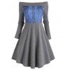 3D Print A Line Midi Dress And Rhinestone Sun Faux Pearl Earrings Rivet PU Choker Necklace Casual Outfit - GRAY S