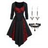 Colorblock Skull Lace Godet Lace Up Pointed Hem Midi Dress And Heart Lace Choker Earrings Gothic Outfit - BLACK S