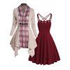 Plaid Panel Asymmetric Textured Knitted Cardigan And Criss Cross Grommet Flare Cami Dress Casual Outfit - multicolor S