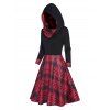 Mini Robe Ligne A à Capuche Panneau à Carreaux Imprimé à Taille Haute - Noir S