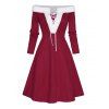 Christmas Dress Off the Shoulder Faux Fur Panel Lace Up Long Sleeve A Line Midi Dress - DEEP RED L