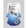T-shirt Incurvé à Imprimé Fleuri en Couleur Ombrée de Grande Taille - Bleu 1X