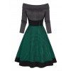 Cable Knit Plaid Print Panel Dress Lace Up Foldover Off the Shoulder A Line Mini Dress - DEEP GREEN XL