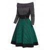 Cable Knit Plaid Print Panel Dress Lace Up Foldover Off the Shoulder A Line Mini Dress - DEEP GREEN XL