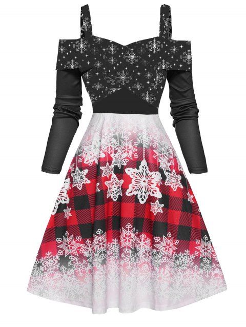 Christmas Snowflake Plaid Print Cold Shoulder Dress Crossover Foldover Long Sleeve A Line Combo Dress