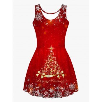 

Gold Christmas Tree Snowflake Print Cami Dress Sleeveless Scoop Neck High Waist Mini Dress, Multicolor