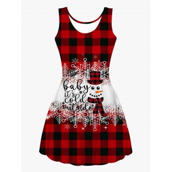 

Christmas Snowflake Snowman Letter Plaid Print Graphic Cami Dress Sleeveless High Waist Mini Dress, Multicolor