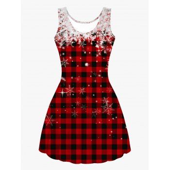 

Christmas Snowflake Plaid Print Cami Dress Sleeveless High Waist Mini Dress, Multicolor