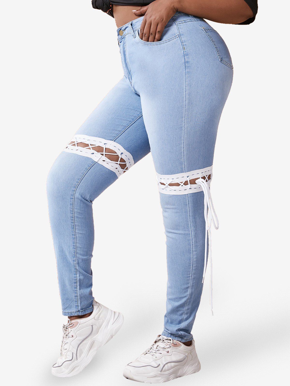 Plus Size Lace-up Detachable Jeans - LIGHT BLUE 5XL