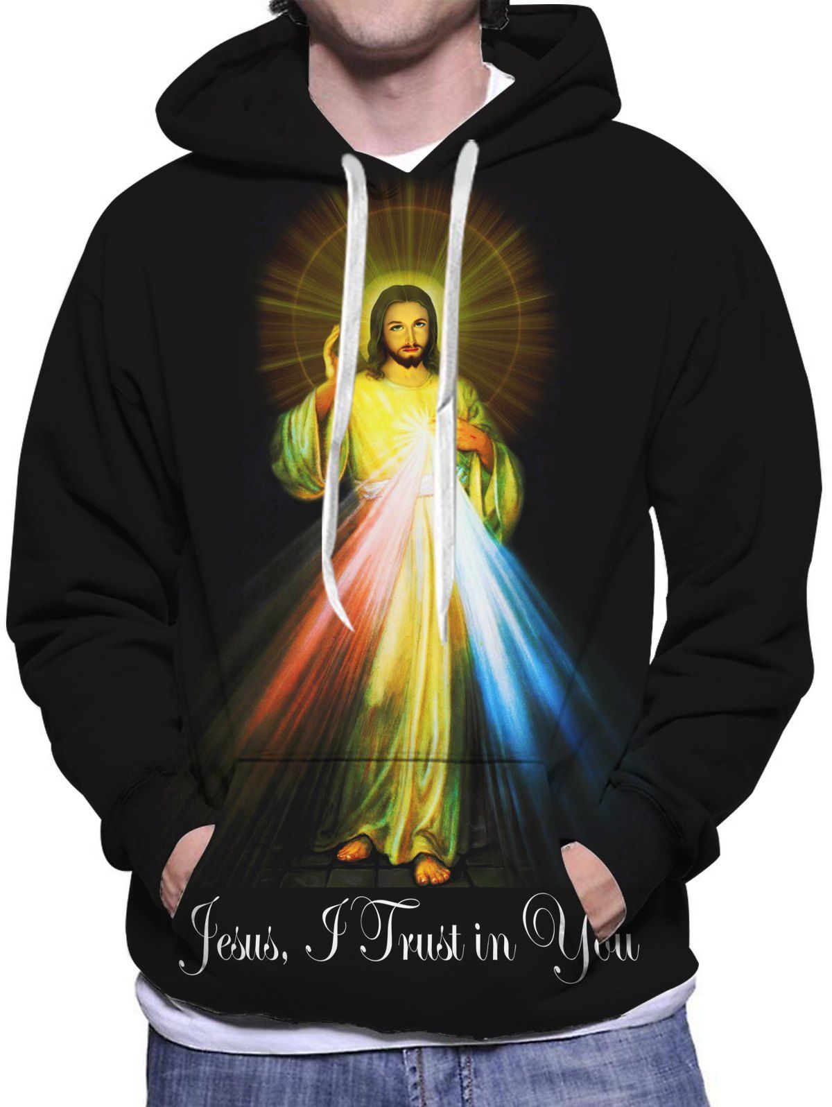 Jesus Trust In You Slogan Print Graphic Hoodie Drawstring Kangaroo Pocket Casual Hoodie - multicolor M