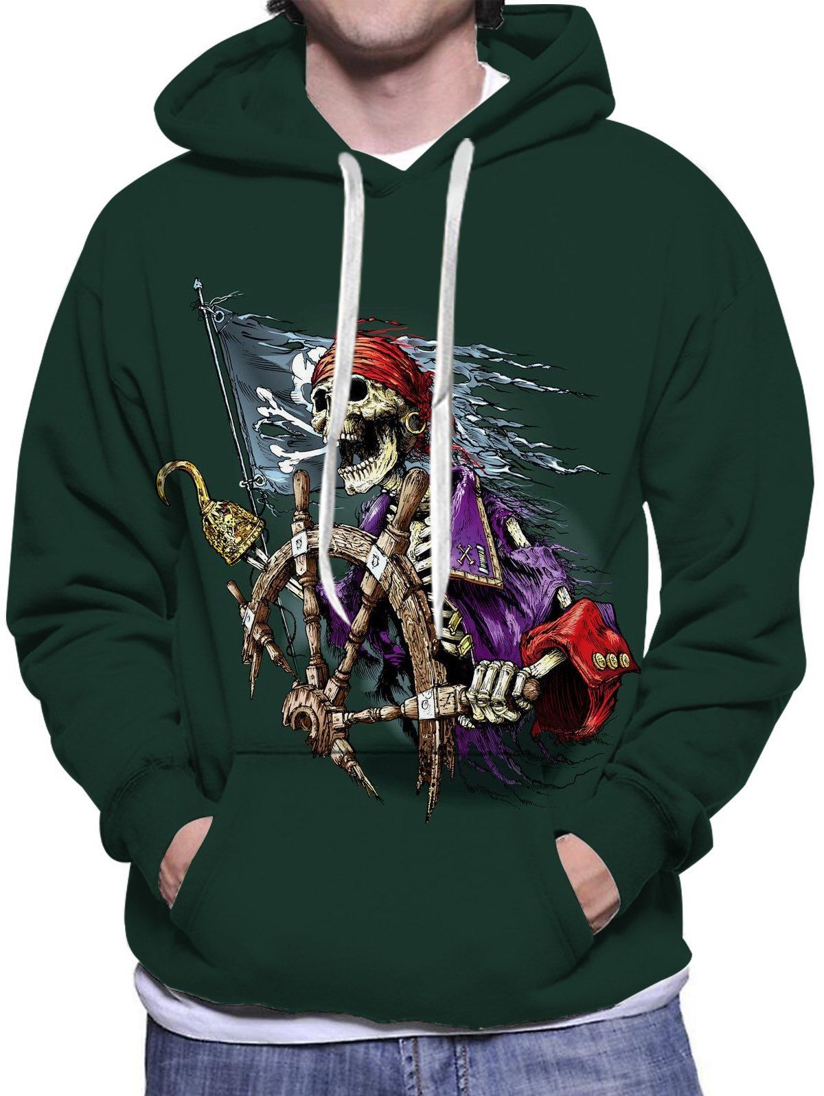 Nautical Skeleton Pirate Graphic Hoodie Kangaroo Pocket Drawstring Casual Hoodie - multicolor 2XL