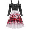 Robe de Noël Ligne A Croisée à Imprimé Flocon de Neige à Carreaux à Epaule Dénudée à Manches Longues - Noir XL