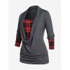 T-shirt Drapé à Carreaux De Grande Taille à Manches Longues - Gris Carbone 3X