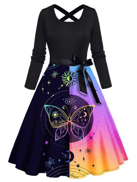 Contrast Colorblock Dress Butterfly Sun Pattern Bowknot Belted Crisscross High Waisted A Line Midi Dress