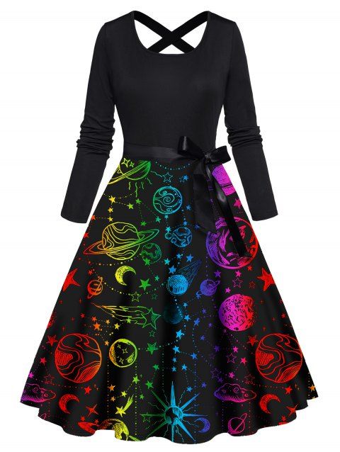 Colored Planet Star Sun Pattern Dress Bowknot Belted Crisscross High Waisted A Line Midi Dress