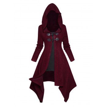 

Asymmetric Longline Hooded Knit Faux Twinset Top Colorblock Horn Button Long Sleeve Knitted 2 In 1 Top With Hood, Deep red