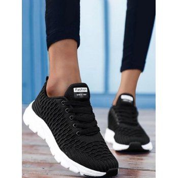 

Textured Sports Shoes Plain Color Lace Up Running Shoes, Black